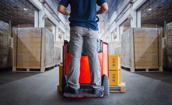 Workers Driving Forklift Pallet Jack Unloading Package Boxes. Merchandise Stockpile, Supply Chain, Warehouse Supplies, Shipment Goods. Distribution Shipping Warehouse Logistic.