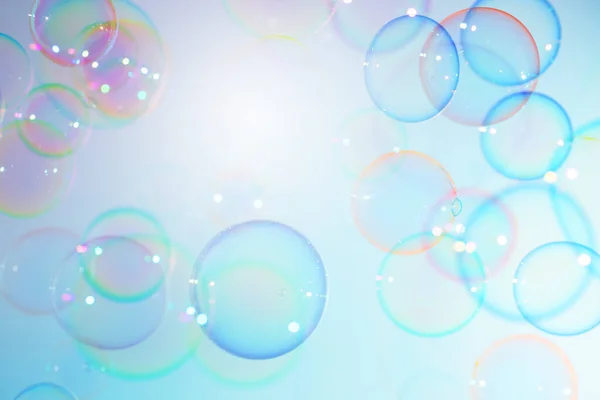 Lindas Bolhas Sabão Coloridas Transparentes Flutuando Soap Sud Bubbles Água — Fotografia de Stock