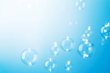 Güzel şeffaf mavi sabun köpükleri havada süzülüyor. Boş Beyaz Alan, Soyut Arkaplan, Kutlama Kutlaması Kutlaması Arkaplanı, Sabun köpüklerinin tazelenmesi Su kabarcıkları.