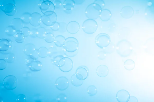 美丽透明的蓝色肥皂泡沫漂浮在空气中 白色空间 文摘式有趣背景 蓝色梯度模糊背景 肥皂泡沫水的更新 图库图片