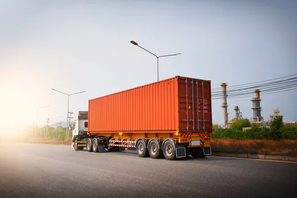 Semi Trailer Trucks Driving on The Road. Cargo Container Shipping, Commercial Truck, Express Delivery Transit, Freight Trucks Logistic, Cargo Transport.