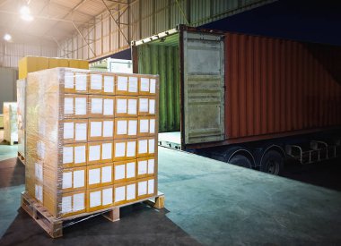 Package Boxes Wrapped Plastic Stacked on Pallets Load into Cargo Container. Trucks Loading Dock Warehouse. Shipping Supply Chain Shipment. Freight Truck Logistics Cargo Transport