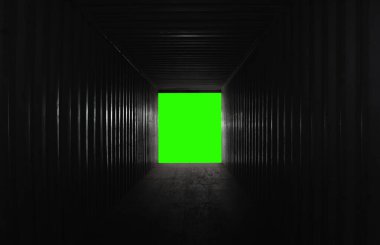 Empty Shipping Cargo Container with Light Rays. Square Room Space Opening White Backdrop. Abstract Background