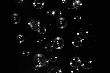 Havada yüzen güzel şeffaf sabun köpükleri. Sabun köpüklü su tazeleyici. Soyut Arkaplan.