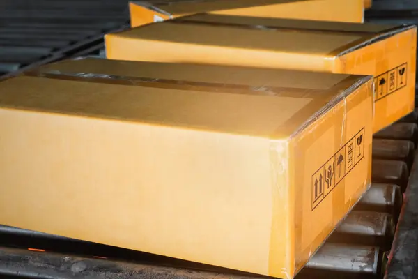 Package Boxes Sorting on Conveyor Belt. Cartons, Parcel Boxes. Storehouse. Distribution Warehouse. Shipping Supplies Cargo Shipment. Warehouse Logistics.
