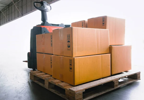 Electric Forklift Pallet Jack and Package Boxes on Wooden Pallet. Forklift Loader. Supplies. Warehouse Shipping, Supply Chain Shipment Goods. Distribution Warehouse Logistics