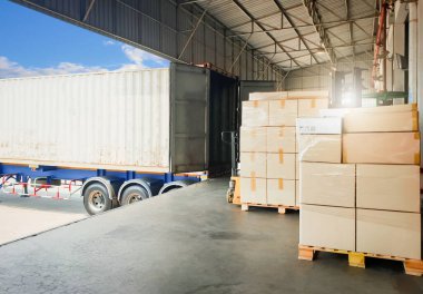 Paket Kutuları Paletlere Paketlenmiş Plastik Kutular Kargo Konteynırına Yüklendi. Kamyonlar yükleme deposunda. Tedarik zinciri nakliye malzemeleri. Nakliye Aracı Lojistik, Kargo Nakliyesi