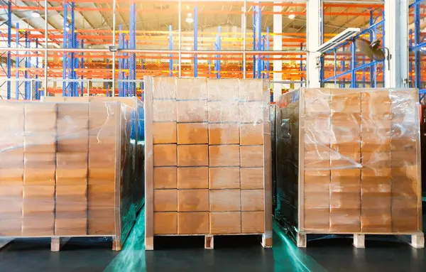 Package Boxes Wrapped Plastic Stacked on Pallets. Warehouse Shipping, Distribution Storehouse, Shipment Boxes, Supply Chain, Cargo Supplies Warehouse Shipping.