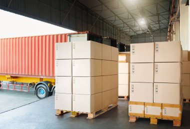 Package Boxes Stacked on Pallets. Trucks Loading at Warehouse Dock. Cargo Container, Distribution Warehouse Shipping, Supply Chain Supplies, Shipment. Freight Truck Logistic Transport. clipart