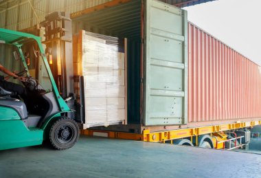Forklift Traktörü bir paket kutusunu konteynıra yüklüyor. Forklift Yükleyici. Teslimat Kargosu Müşterilere Gönderiliyor. Sevkiyat Malzemeleri Deposu Nakliyat. Nakliye Aracı Taşımacılık Lojistiği.