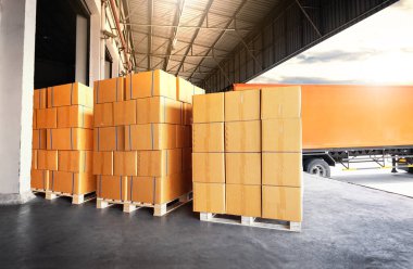 Paletlere Yığılmış Paket Kutuları Konteynır Kamyonu 'na Yükleniyor. Kutular, karton kutular. Tedarik zinciri, erzak sevkiyatı. Depo Nakliyesi. Nakliye Aracı Lojistiği, Kargo Taşımacılığı.