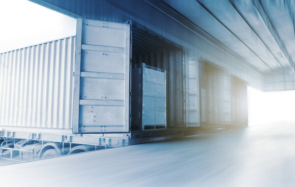 Container Trucks Loading Dock Warehouse. Container Shipping. Distribution Warehouse Shipping. Shipment. Freight Truck Logistics, Cargo Transport.