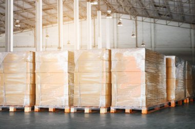 Ambalaj Kutuları Depo 'daki Paletlere Yığılmış Plastik Paketler. Depo Deposunda Toplu Paletler. Tedarik zinciri, erzak sevkiyatı. Depo Nakliye Lojistiği.