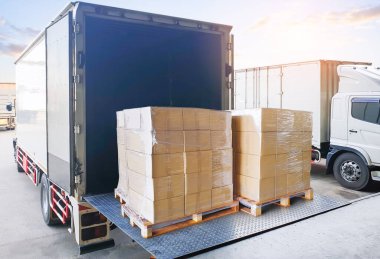 Paket kutuları kargo kamyonuna yükleniyor. Forklift Palet Jack. Konteynır nakliyesi. Tedarik Zinciri, Malzemeler, Dağıtım. Nakliye Aracı Lojistik Kargo Taşımacılığı.