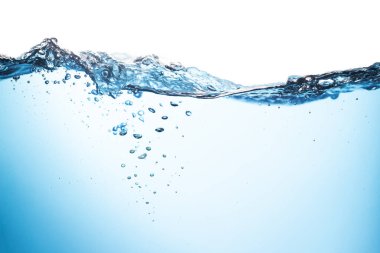 Su Dalgası. Hava kabarcıkları suda yüzer. Su Sıçratma, Mavi Su Beyaz Arkaplanda Dokuma.