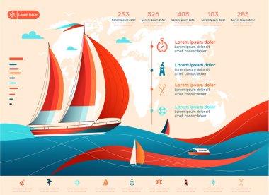 Yacht club UI UX web design with sail boat. Luxury yacht race, sea sailing regatta poster vector illustration. Nautical worldwide traveling promotion layout with UI UX elements.