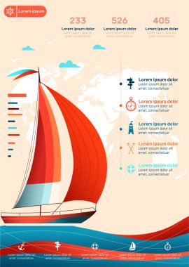 Yacht club UI UX web design with sail boat. Luxury yacht race, sea sailing regatta poster vector illustration. Nautical worldwide traveling promotion layout with UI UX elements.