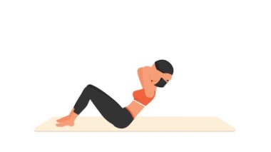 Crunches exercise tutorial. Female workout on mat. Fitness woman exercising. Looped 2D animation with young girl character training. Sport and healthy lifestyle concept.