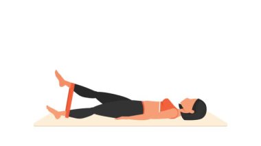 Leg lifts with resistance band exercise tutorial. Female workout on mat. Fitness woman exercising. Looped 2D animation with young girl character training. Sport and healthy lifestyle concept.