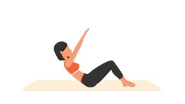 Sit-ups exercise tutorial. Female workout on mat. Fitness woman exercising. Looped 2D animation with young girl character training. Sport and healthy lifestyle concept.
