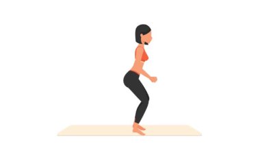 Jumping squats exercise tutorial. Female workout on mat. Fitness woman exercising. Looped 2D animation with young girl character training. Sport and healthy lifestyle concept.