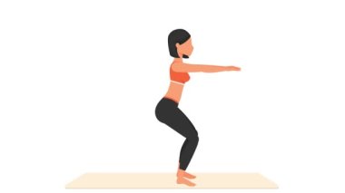 Çömelme egzersizleri. Paspasın üzerinde kadın egzersizi. Spor yapan bir kadın. Genç kız karakter eğitimli 2D animasyon. Spor ve sağlıklı yaşam tarzı kavramı.