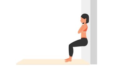 Duvar bakımı egzersizi dersi. Paspasın üzerinde kadın egzersizi. Spor yapan bir kadın. 2D animasyon ve genç kız karakter gücü eğitimi. Spor ve sağlıklı yaşam tarzı kavramı.