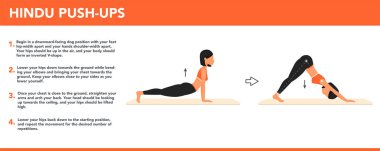 Hindu şınav egzersizi eğitimi. Paspasın üzerinde kadın egzersizi. Spor yapan bir kadın. Vektör illüstrasyon ve genç kız karakter gücü eğitimi. Açıklamalı spor ve sağlıklı yaşam tarzı kavramı