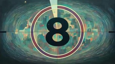 9 'dan 0' a geri sayım filmi. Eski film zamanlayıcısı gri retro tarzında sayılıyor. Antika video zamanlayıcı, yapay zeka sonrası efektlerle retro sinema animasyonu
