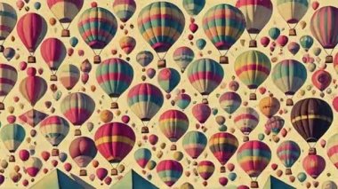 Vintage hava balonları. Arka planda bir sürü renkli hava balonu var. Çizimler, dönüşümler ve metamorfoz içeren parlak bir animasyon. Yapay zeka tarafından oluşturulan video