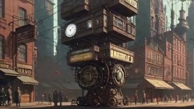 Steampunk şehir manzarası. Siberpunk şehir sahnesi fütüristik teknolojiler, arabalar, dişliler, borular, makineler, motorlar ve insanlar. Dönüşümlü geçmişe dönük animasyonlar. Yapay zeka sinematik video oluşturdu