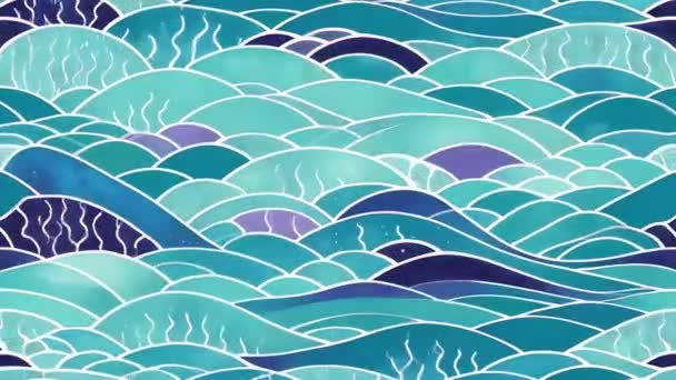 Ωκεανό Κύματα Ναυτικό Τοπίο Κυματιστό Γαλάζιο Νερό Ρετρό Στυλ Φωτεινό — Αρχείο Βίντεο