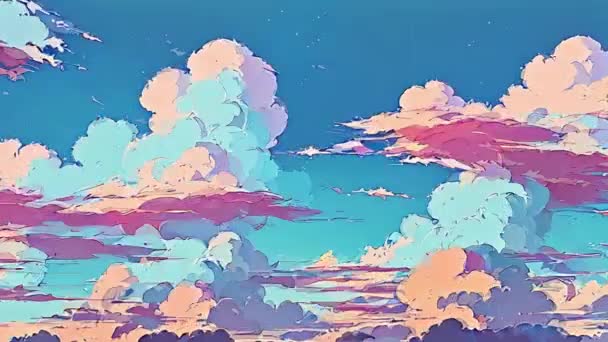 青空とピンクの雲 レトロなスタイルで晴れた日に曇りのスカイライン イラストの変換と変態と明るいアニメーション Aiが生成したビデオ — ストック動画