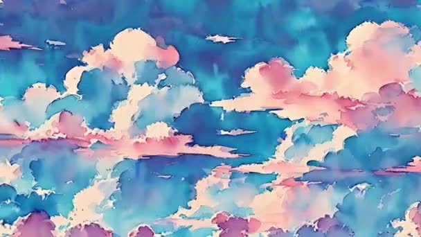 Небо Голубыми Розовыми Облаками Облачный Небосклон Солнечный День Акварельном Стиле — стоковое видео