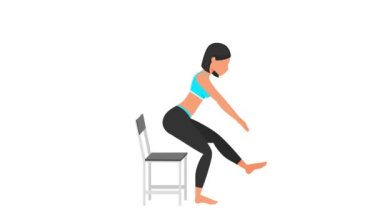 Tabanca kutusu egzersizi dersi. Paspasın üzerinde kadın egzersizi. Spor yapan bir kadın. Genç kız karakter eğitimli 2D animasyon. Spor ve sağlıklı yaşam tarzı kavramı.