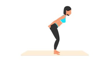 Triceps rüşvet egzersizi dersi. Paspasın üzerinde kadın egzersizi. Spor yapan bir kadın. Genç kız karakter eğitimli 2D animasyon. Spor ve sağlıklı yaşam tarzı kavramı.