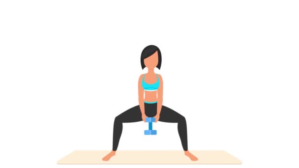 Dumbbell Plie Squats エクササイズ チュートリアル マットの女性のトレーニング 運動するフィットネス女性 若い女の子キャラクターのトレーニングで2Dアニメーションをループ スポーツと健康的なライフスタイルのコンセプト — ストック動画