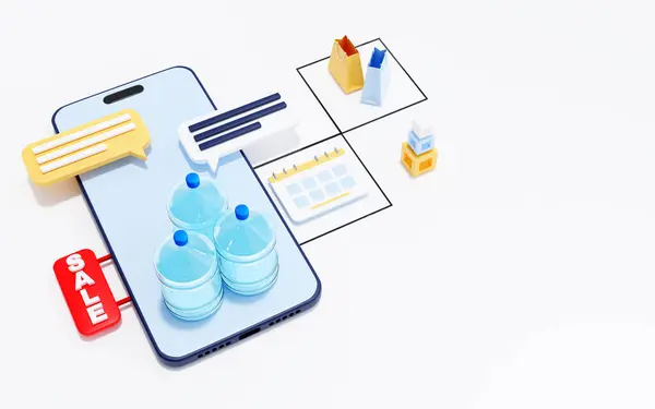 Bottled water order and delivery service, mobile app concept with smartphone. Bottled water, smartphone as shop with speech bubbles on white background. 3d render illustration.