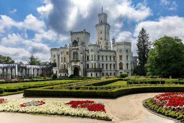 Summer view of famous Czech castle Hluboka nad Vltavou, medieval building with beautiful park, European exterior background.