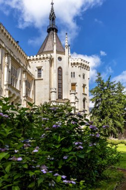 Summer view of famous Czech castle Hluboka nad Vltavou, medieval building with beautiful park, European exterior background.
