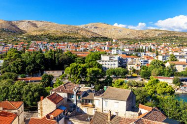 View of the city of Trogir and the mountains in the background from the top of the Kamerlengo Fortress, Split-Dalmatia, Croatia