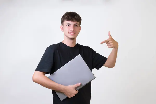 Studente Caucasico Freelance Successo Utilizzando Computer Portatile Guardando Webinar Lavorando — Foto Stock