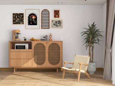 Şık bir yaşam alanı, ahşap aksanlı ahşap büfe, dekoratif eşyalar, minimalist şezlonga ve duvar sanatı ve doğal ışıklandırmayla geliştirilmiş saksı bitkisine sahiptir..