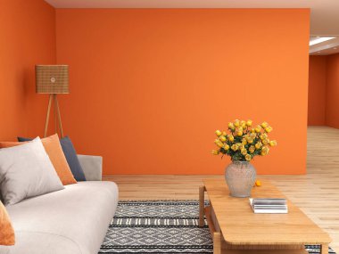 Oturma odası dekorasyonunun yan görüntüsü kanepe, çiçek dolu kahve masası geniş ve turuncu aksanlı duvar. Oturma odasının 3 boyutlu canlandırması. 