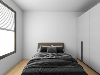 Modern yatak odası modeli, nötr renk tonu tasarımı. İç tasarımın 3d görüntülemesi.