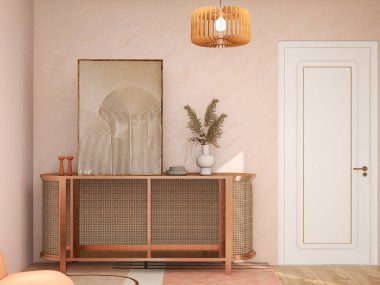 Pembe duvarlı modern ve şık bir oturma odası, dokuma kabini, geometrik bir halı ve sıcak ve davetkar bir atmosfer yaratan asılı bir kolye ışığı. 3d oluşturma