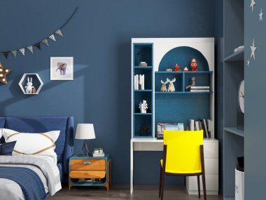 Çocuk odasının içi, kitaplık ve sarı sandalyeyle kurulmuş çalışma masasının düşük açılı görüntüsü. Beyaz ve mavi temalı yatak odası, 3D modelleme.