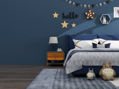 Sıcak ve eğlenceli bir yatak odası, koyu mavi bir duvar, bir dizi bayrakla süslenmiş, yıldız süslemeleri, ve çerçeveli bir fil baskısı, kaprisli bir atmosfer yaratıyor. Düşük açı görünümü.