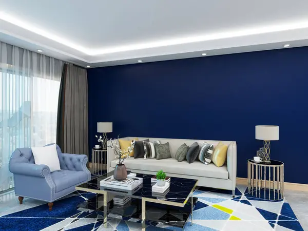 Kalın mavi aksanlı duvarı olan modern bir oturma odası, pofuduk beyaz bir kanepe, kıvrımlı bir koltuk, geometrik desenli bir halı, ve parlak bir kahve masası, iç döşeme 3D.