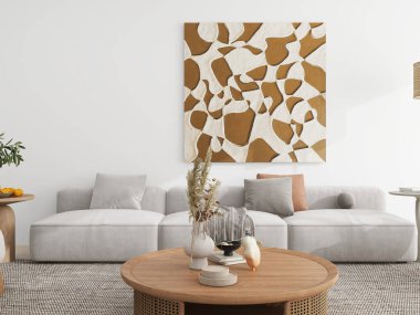 Tarafsız tonlarla donatılmış minimalist oturma odası, rahat bir kanepe, modern koltuklar, ahşap bir sehpa, soyut duvar sanatı ve doğal dekor unsurları. Yüksek açı görünümü, 3d görüntüleme.